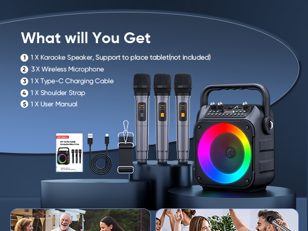 Portable Bluetooth Speaker with 2 Wireless Microphones for Adults