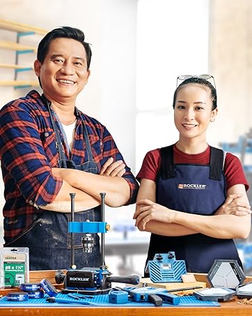 Man and Womenstanding behind table of Rockler woodworking tools