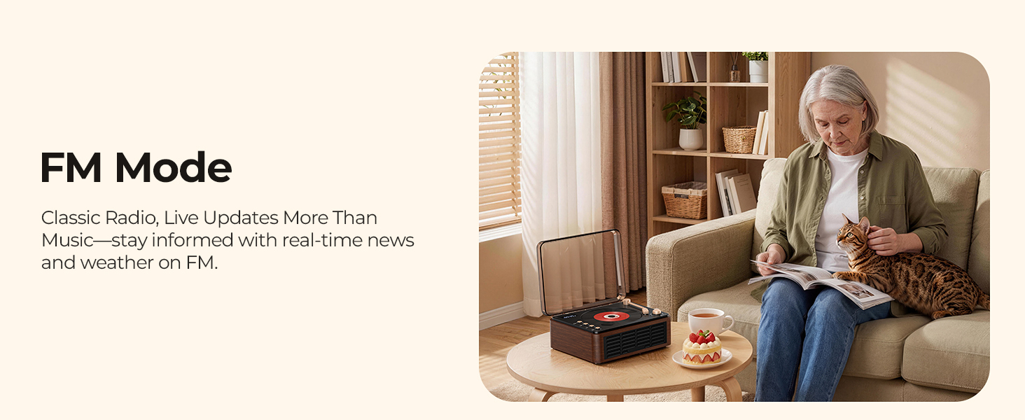 Text reads 'FM Mode' and 'Open-Profile Live Leckerine from Trap, Offering a Diverse Range of Warm, Light-Filled Interiors (ARTI).' Interior scene showing person seated in furnished living space with shelving.