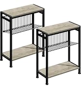 Small Side Table Set of 2 for Small Space, 3-Tier Narrow End Table with Magazine Holder, Slim Nig...