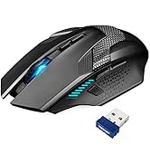 Black wireless gaming mouse with textured surface, blue LED lighting, and included USB receiver. Features ergonomic design with multiple buttons.