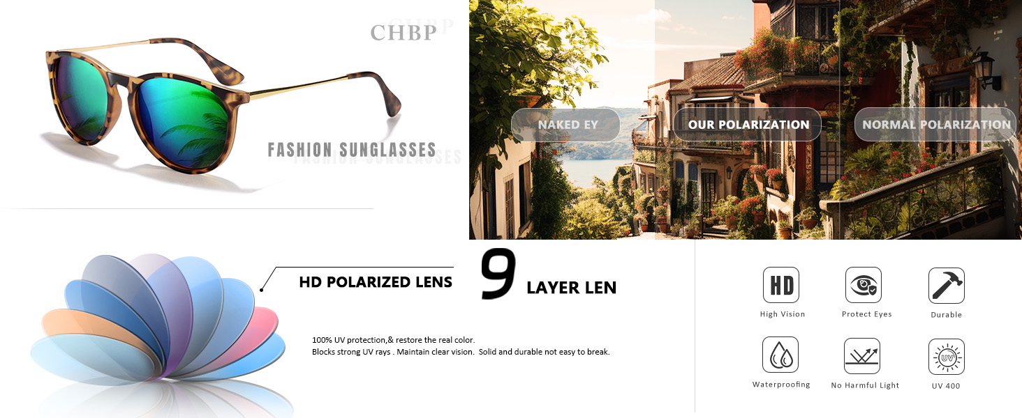 CHBP Sunglasses Womens Men Polarized UV Protection Trendy Vintage Retro Round Mirrored Lens