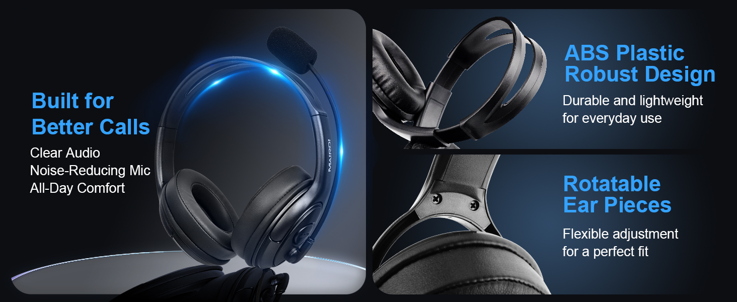 Text reads 'Built for Better Calls', 'AAS Plastic Ear-Pieces', 'Durable and lightweight for extended wear', and 'Rotatable Ear Pieces'. Black over-ear headphones with blue accents, featuring noise-isolating design and adjustable ear cups for comfortable fit.