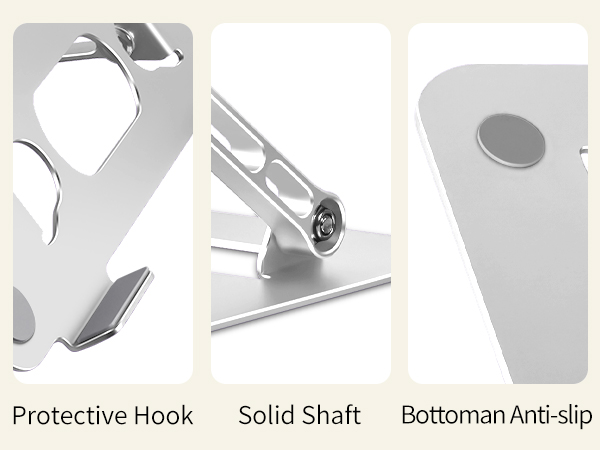 Laptop holder features anti-slip pads, protective hooks and durable metal support arms