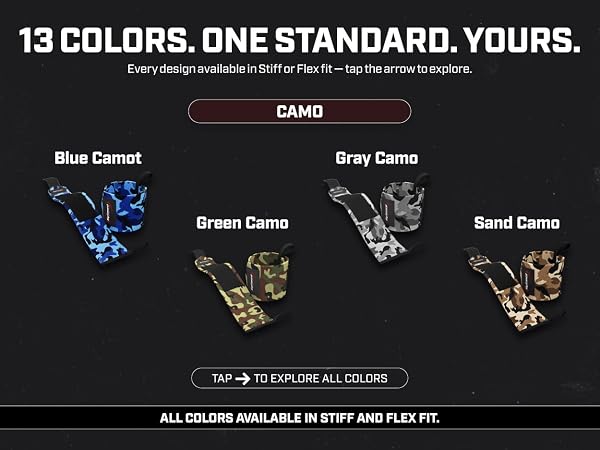 Rip Toned wrist wraps in camo colors - blue, green, gray and sand camo, stiff or flex fit