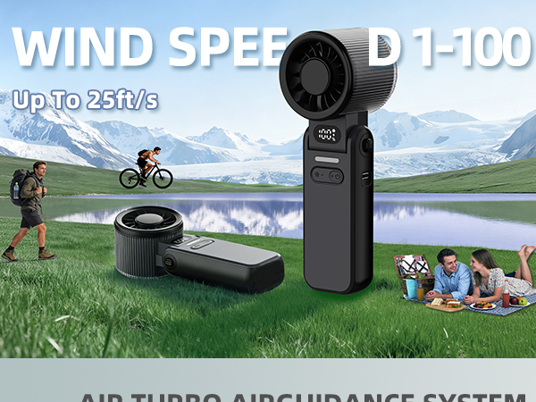 Text reads 'WIND SPEED D1-100' and '0-12m/s(0-43km/h)'. Black handheld digital wind speed measurement device photographed outdoors with landscape background.
