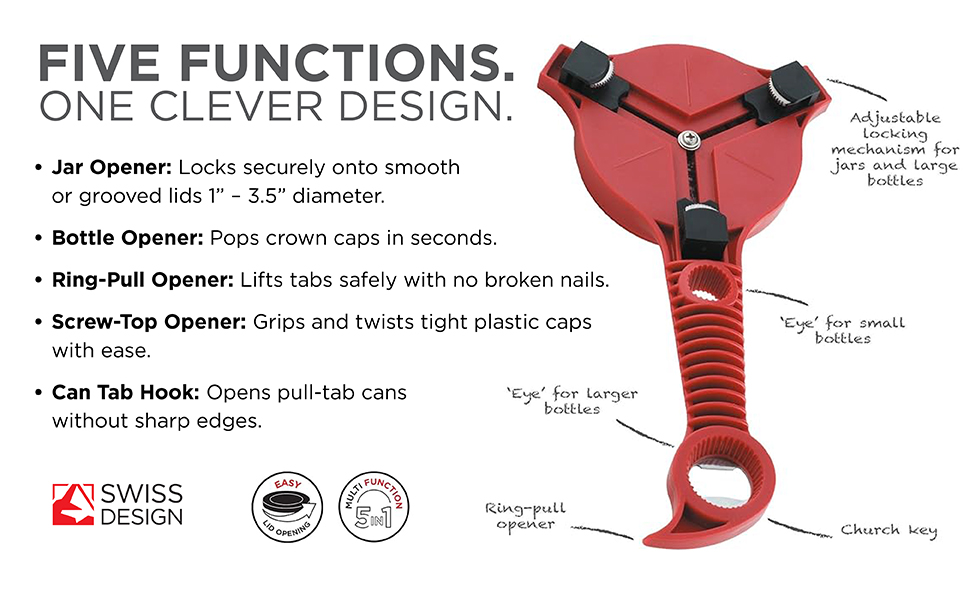 Jar Opener, bottle opener, ring-pull opener, screw-top opener, can tab hook