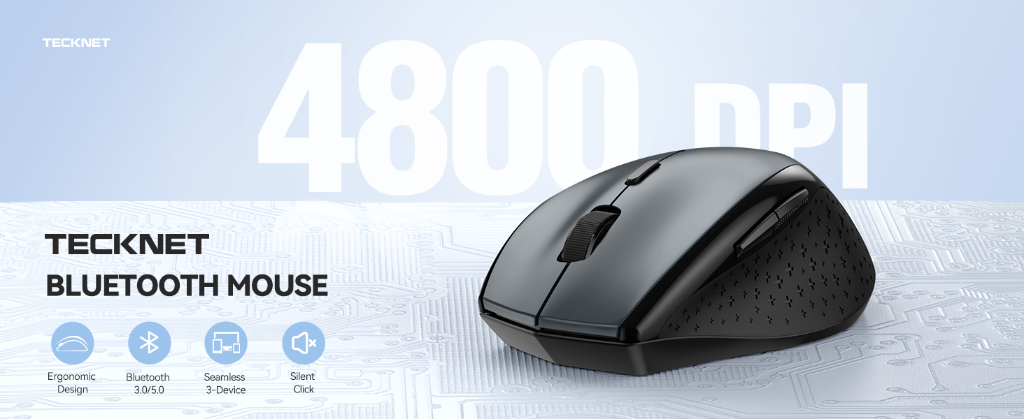 Gaming mouse advertisement. Text reads 'A4900' and 'TECHNET BLUETOOTH MOUSE'. Shows sleek black wireless mouse from multiple angles highlighting its design and construction.