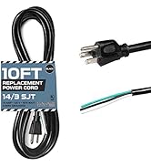 14 AWG Replacement Power Cord with Open End - 10 Ft Black Extension Cable, 14/3 SJT, NEMA 5-15P