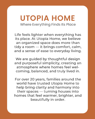 Text reads "UTOPIA HOME", "Where Everything Finds Its Place". Descriptive content about home organization philosophy and 20+ years serving families with storage and organizational space solutions.