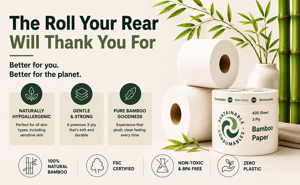 Bamboo toilet paper graphic highlighting softness, sustainability, and eco-friendly benefits