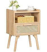 Lerliuo Rattan Nightstand, Boho Side Table with Drawer Open Shelf, Cane Accent Bedside End Table ...