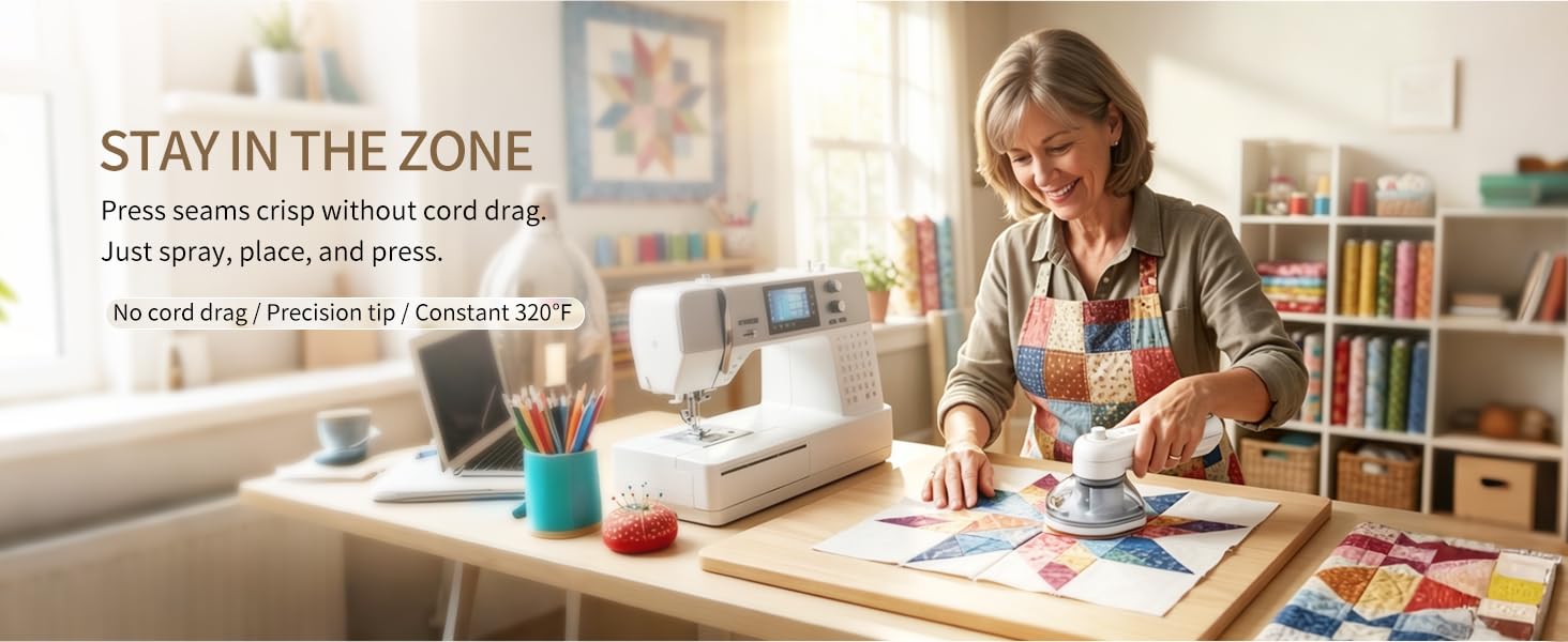Press seams crisp without cord drag. Just spray, place, and press. No cord drag/Precision