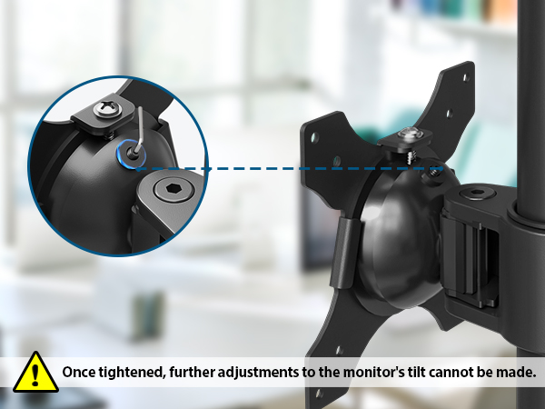 Monitor mount with adjustable tilt mechanism. Close-up shows locking screws. Warning label indicates tilt cannot be adjusted once tightened.