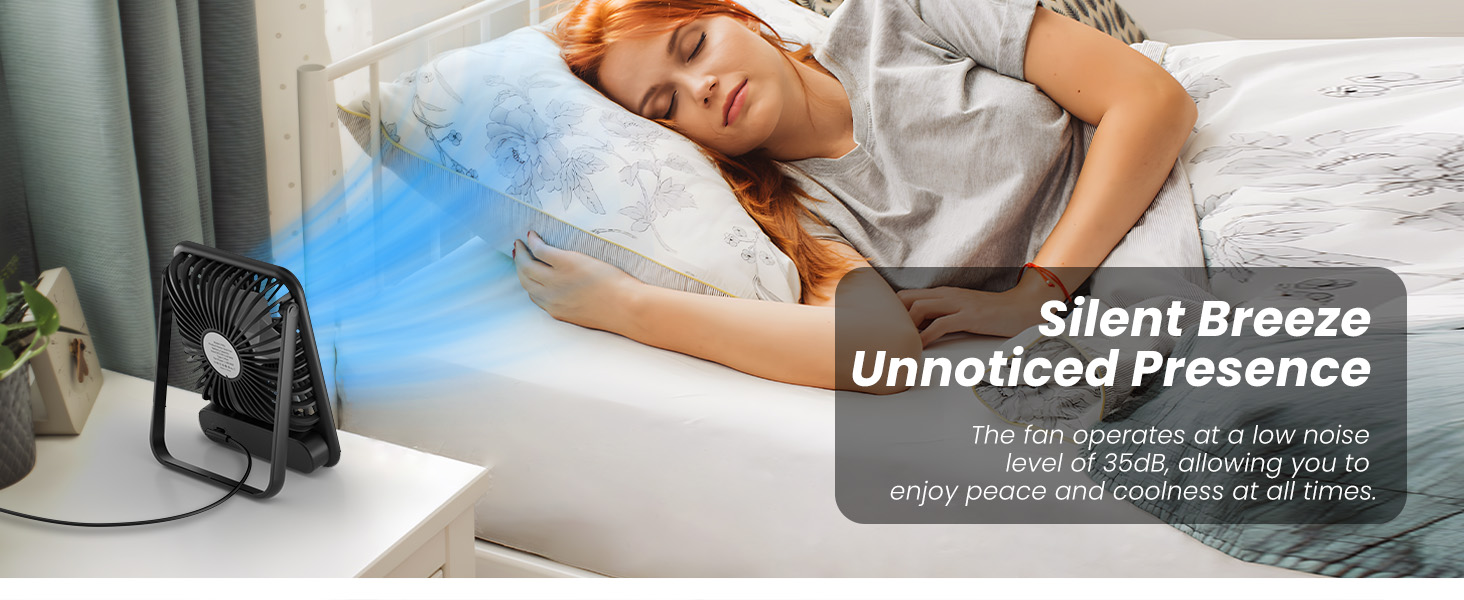 Woman sleeping on bed with small desk fan blowing cool air. Overlay text promotes 'Silent Breeze' fan's quiet operation for uninterrupted sleep.