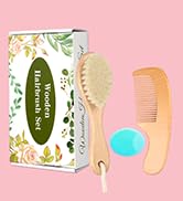 Wooden Baby Hair Brush and Comb Set, 3Pcs Natural Soft Goat Bristles Brush Cradle Cap Comb Baby S...