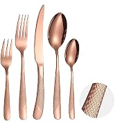 A · HOUSEWARE Hammered Flatware Set Copper/Rose Gold Silverware 20 Piece Stainless Steel Service ...