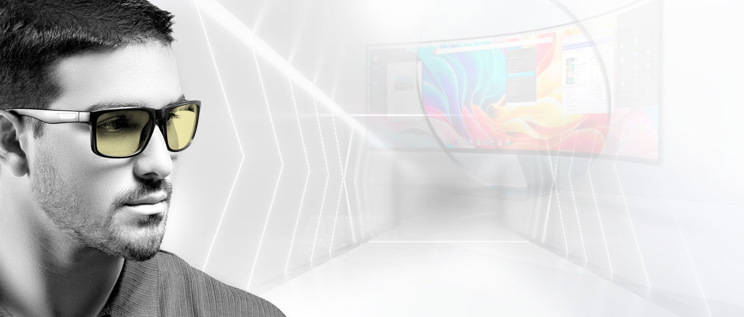 Man wearing GUNNAR amber lens glasses for digital eye protection