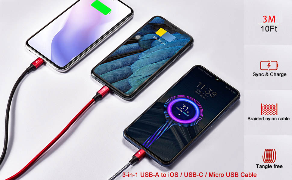 3-in-1 USB-A to Phone/Type-C/Micro USB Charging Cable multi phone charger cord type c charge cable