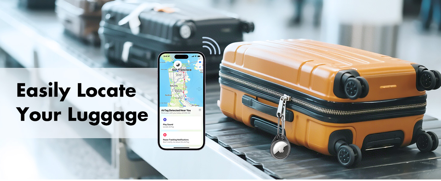 Orange hard-shell suitcase on conveyor belt with smartphone displaying luggage tracking map. Text overlay reads 'Easily Locate Your Luggage'.