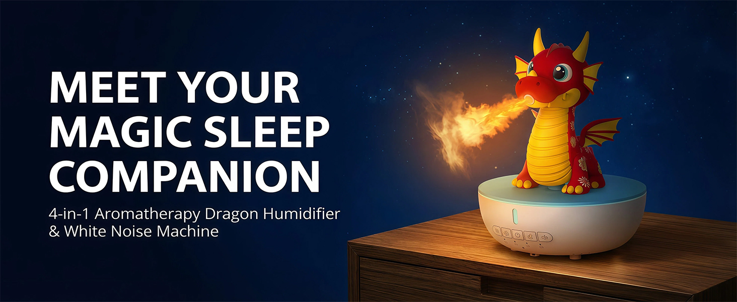 Text reads "MEET YOUR MagicSLEEP COMPANION", "4-in-1 Aromatherapy Dragon Humidifier", "5. White Noise Machine". Decorative golden dragon figure on white base with flame effects, product presented as sleep aid with aromatherapy and sound features.