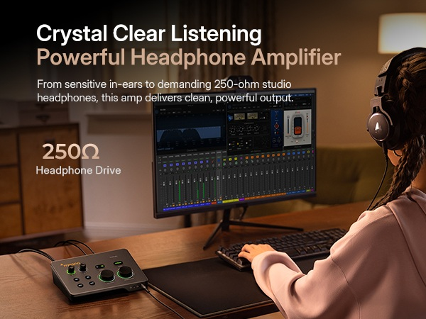 Content creator monitoring audio with studio headphones connected to Maono P2 audio interface