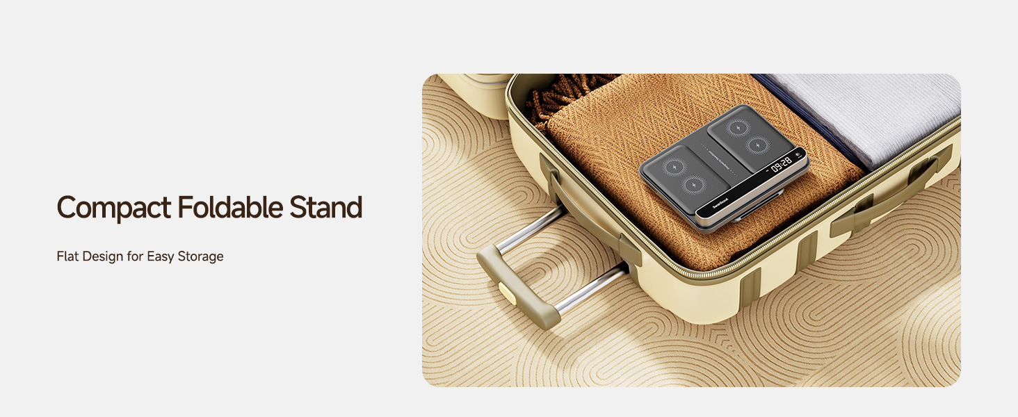 Text reads 'Compact Foldable Stand'. Product photo sequence showing mobile device holder in metallic finish being adjusted into various positions.