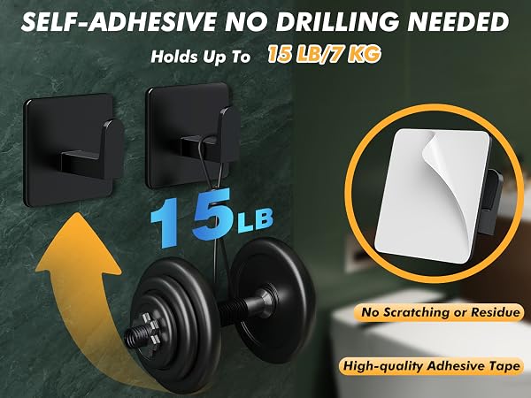 Heavy-duty hook holds up to 15 lbs, no drilling, no scratching or residue with strong adhesive tape