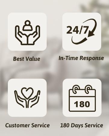 Four icons with text: 'Best Value' (hands holding person), 'In-Time Response' (24/7 arrow), 'Customer Service' (hands holding heart), '180 Days Service' (calendar).