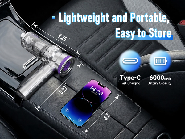 fast-charge vacuum for car with 6000mAh battery, compact and lightweight