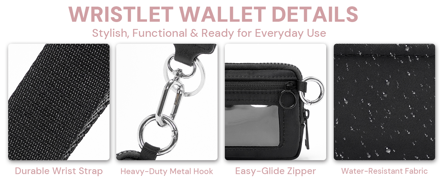 Wristlet wallet features durable strap, metal hook, smooth zipper, and water-resistant fabric
