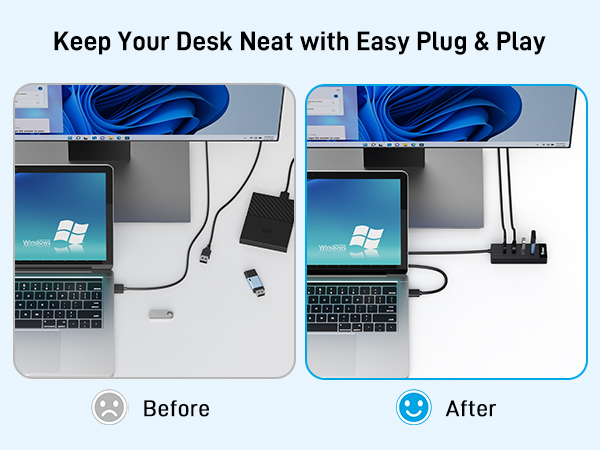 Text reads: 'Keep Your Desk Neat with Easy Plug & Play' with 'Before' and 'After' comparison showing desk cable management transformation from messy to organized cables near laptop.