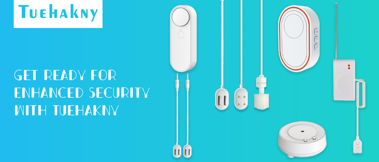 Text reads 'Techokoy'. Product diagram showing white smart home devices and connectors arranged on turquoise background with connecting lines.