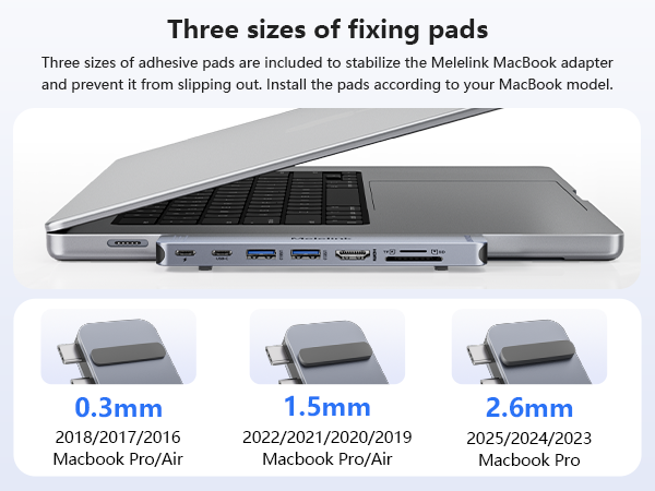 Text reads 'Three sizes of fixing pads'. Diagram showing MacBook Pro models from 2016-2023 with three different adhesive pad thicknesses: 0.3mm, 1.5mm, and 2.6mm.
