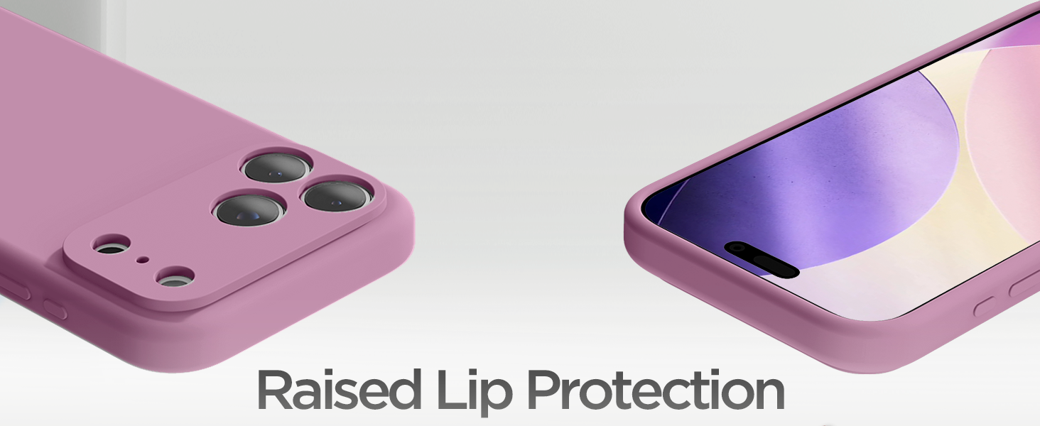 Text reads 'Raised Lip Protection'. Pink and white phone cases shown with raised edges around camera and screen for protection.