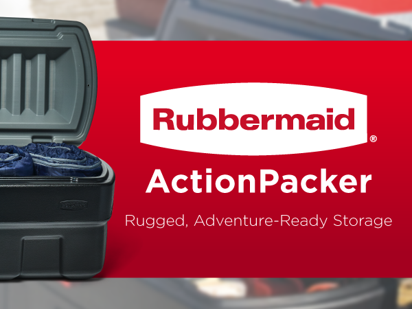 Image of actionpacker storage bin with lid holding sports equipment with text reading rubbermaid.