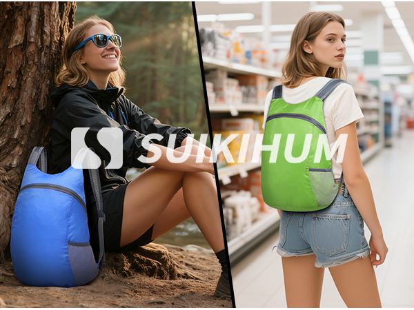 Hiking in forest with SUIKIHUM backpack, multiple colors available.
