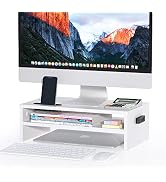 BONTEC Monitor Stand Riser White, 2 Tiers Wood Monitor Riser Stand with Storage Organizer, Deskto...
