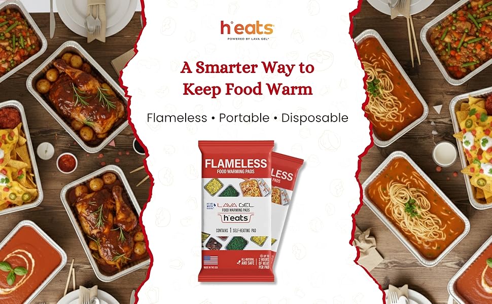 heats Lava Gel flameless food warming pads with assorted hot meals in catering pans