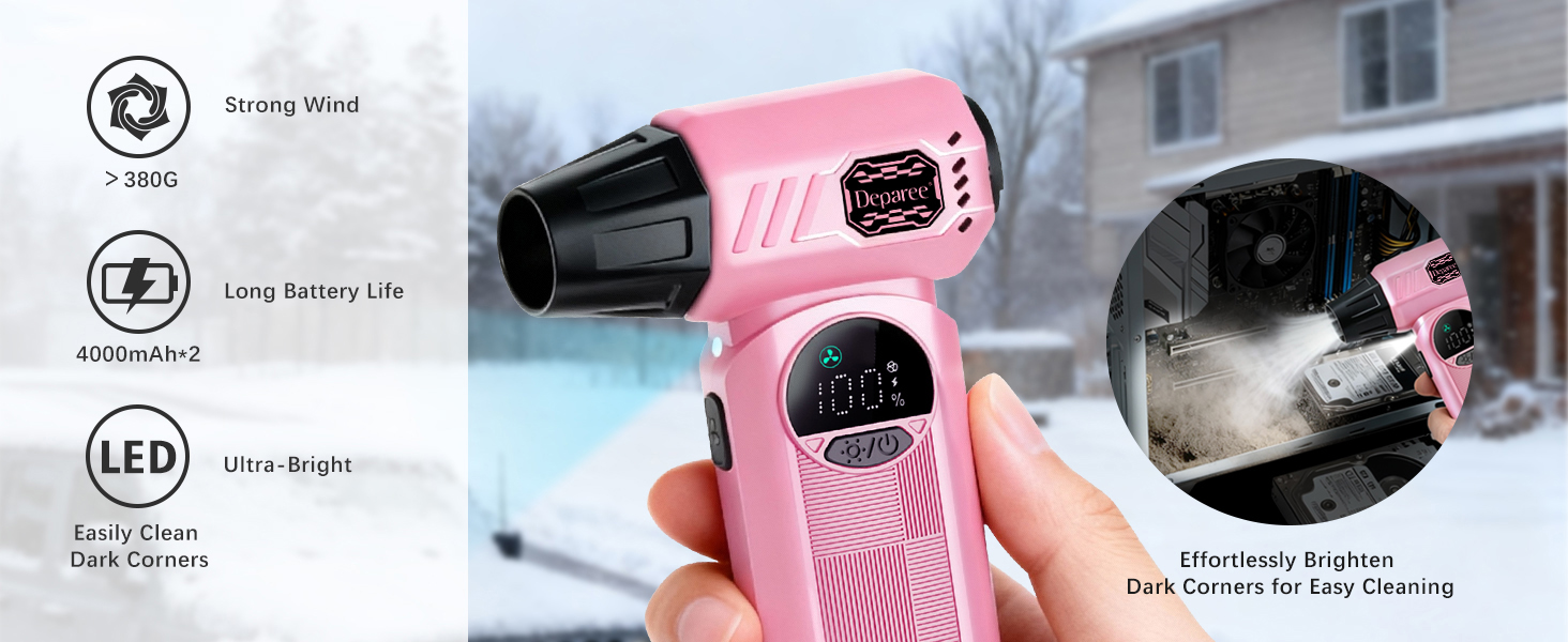 Pink air duster with LED light cleaning dark corners using strong airflow and cordless power