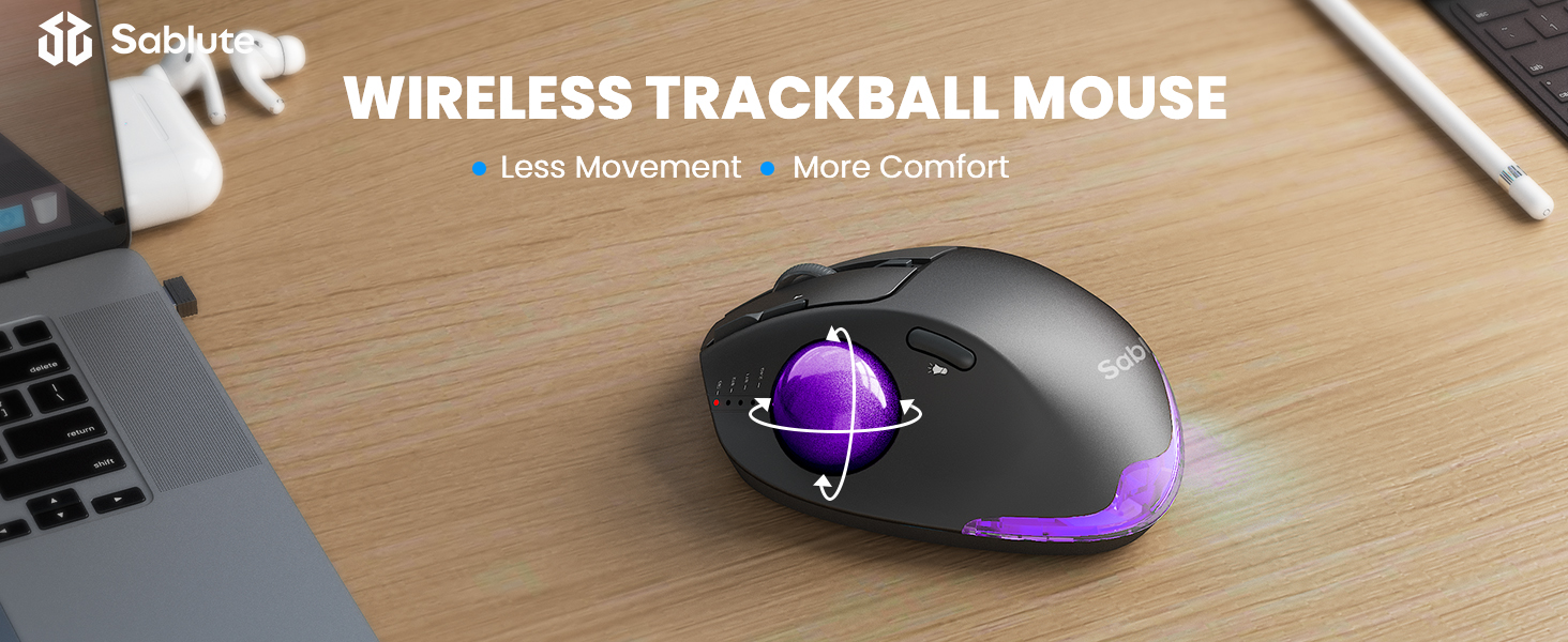 Wireless Trackball Mouse, Ergonomic Bluetooth Rechargeable Computer Mouse-Purple Ball