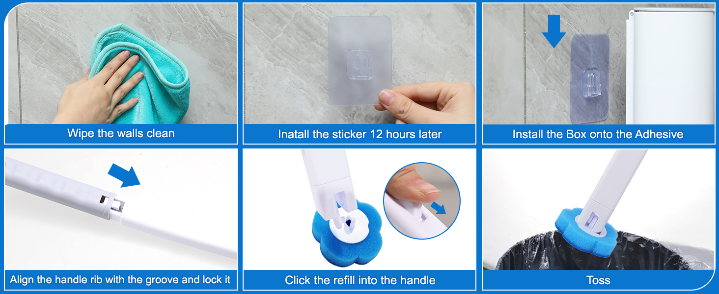 Installation instruction panels with blue borders showing step-by-step process for mounting a wall holder, including surface preparation and assembly steps.