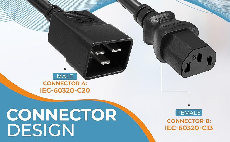 CableLeader 14 AWG 15A 250V Heavy Duty Power Cord, IEC320 C20 to IEC320 C13