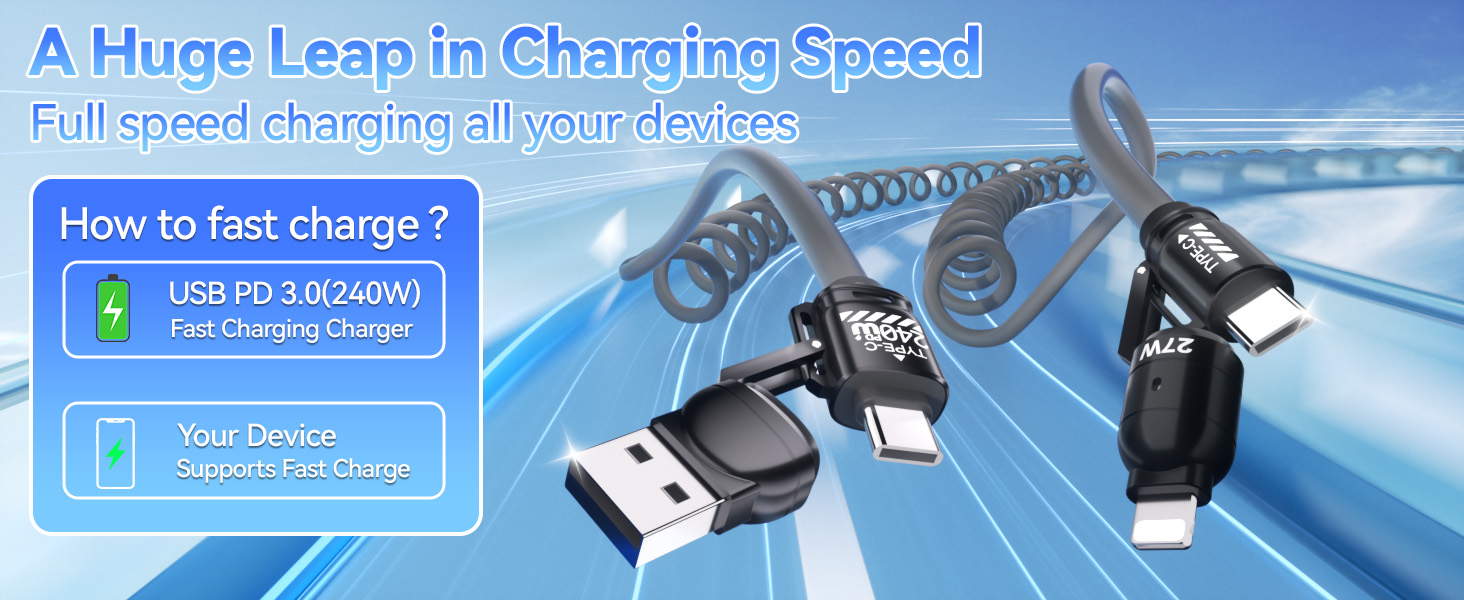 Text reads 'A Huge Leap in Charging Speed' with 'How to fast charge?' Infographic showing USB charging capabilities with speed indicators and connection diagrams.