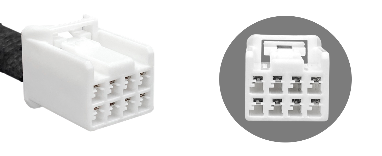 White rectangular electrical connector with 8 pin sockets arranged in two rows. Shown from side and front views. Connected to a black cable.