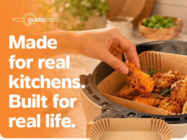 Gusto unbleached kraft air fryer liners stacked, made for everyday real kitchen use