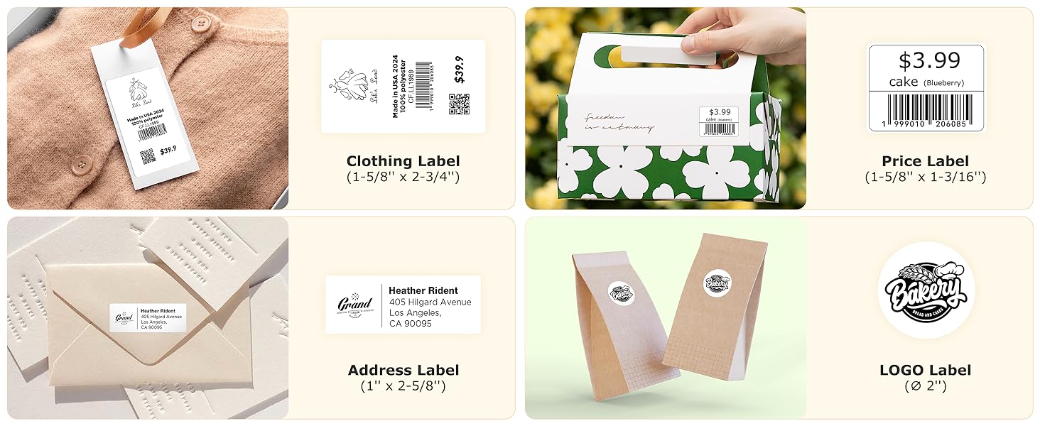 Labels for clothing, retail, mailing addresses, and brand logos