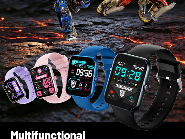 Text reads "Multifunctional". Four digital sport watches with display screens in purple, pink, blue, and black colors arranged on reflective surface with sports equipment.