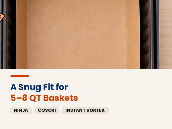 Square air fryer liner snug fit in 5-8 quart basket, top view