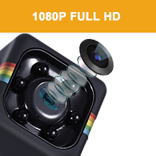 Digital camera or recording device with '1080P FULL HD' text indicator and lens visible in multiple detail shots.